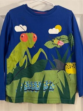 Mini Boden Boy Royal Blue Long Sleeve Tee with Green Mantis & Bugs Print